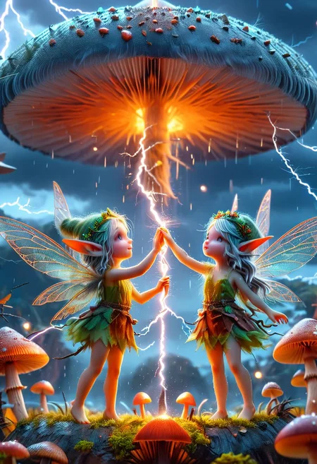 Two micro-fairies like angels with fragile wings dancing in the air under a large mushroom, girls face, ultra high details, thunder and lightning, fireflies in the background, ancient decent, umbra color pallet, sky, trending on artstation, sharp focus, studio photo, intricate details, highly detailed, by greg rutkowski, Miki Asai Macro photography, close-up, hyper detailed, trending on artstation, sharp focus, studio photo, intricate details, highly detailed, by greg rutkowski
