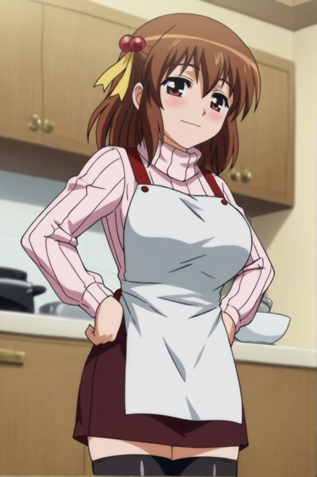 score_9, score_8_up, score_7_up,anime_source, source_anime, best background, detailed background, anime screencap,  Konami, apron, black thighhighs, ribbed sweater, skirt, solo, sweater, seductive body, seductive smile, horny, blush, hands on hips, dynamic camera, dynamic angle, indoors, kitchen, <lora:JN_Konami:0.8>