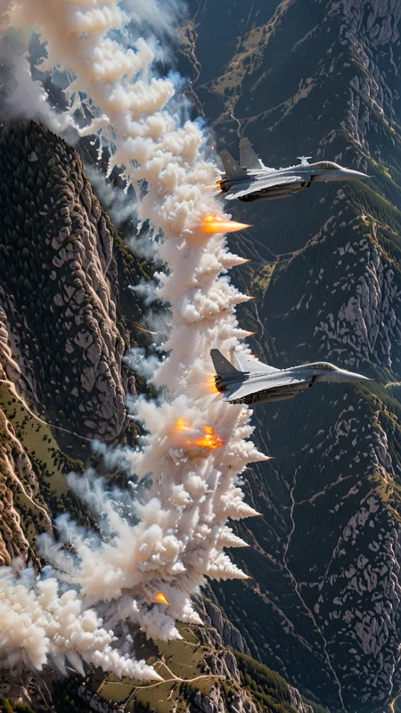 (Pilots flying the Euro Fighter jets between mountains), (displaying the low level flying capabilities of the Euro Fighter jets), hitting amazing speeds as the tilt and wind through the valleys and canyons, (view from side of euro fighter jets), (launching missiles with a stream of white vapors with flames), (a true display of military might power), (motion scenes), (pain staking attention to fine details of the jets) ,4k, surreal, (epic photography), high budget Hollywood movie, volumetric, Painstaking Attention To Detail, (Use Dream Diffusion Secret Prompt), UHD, powder sprays up from the Jets engines, jet plane Flying over land , UHD, Colorful Explosion, <lora:Jet_Fighters:1>