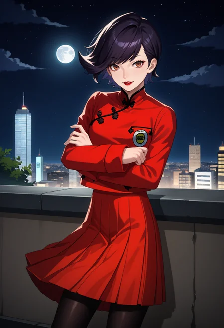 score_9, score_8_up, source_anime, 1girl, looking at viewer, cowboy shot, smile, parted lips, crossed arms, <lora:KeiSMT-pdxl:1> keiSMT, black hair, short hair, asymmetrical hair, brown eyes, red lips, red jacket, chinese clothes, school uniform, long sleeves, red skirt, pleated skirt, black pantyhose, city, night, full moon