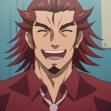 score_9, score_8_up, score_7_up, source_anime, masterpiece, best quality, very aesthetic, cinematic lighting, genjuro, necktie, red shirt, pectoral cleavage, laughing, laugh, eyes closed,