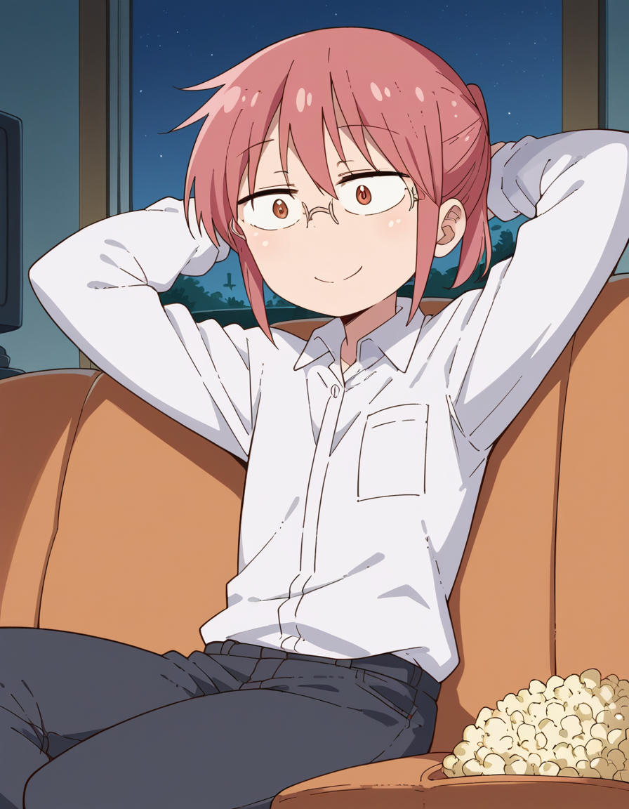 score_9, score_8_up, score_7_up, source_anime, <lora:dragon-kobayashi-s2-ponyxl-lora-nochekaiser:1>, kobayashi, ponytail, pink hair, glasses, short hair, brown eyes,, shirt, long sleeves, white shirt, collared shirt, pants, black pants, office lady,, living room, television, couch, popcorn, watching movie, night time, sitting,, smile, , hands behind head,, solo,, dutch angle,