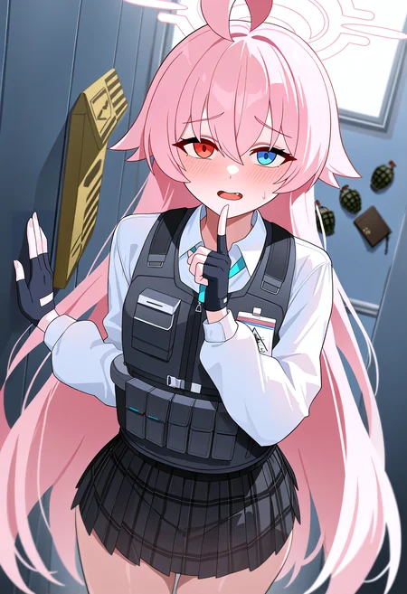 very awa, masterpiece, best quality, year 2024, newest, highres, absurdres, <lora:age_slider_v4:3> <lora:thicc_v1.4-pony:1.2>,detailed_background,indoors,hoshino \(blue archive\),1boy,ahoge,bulletproof vest,sweat,blush,hoshino \(armed\) \(blue archive\),pleated skirt,open mouth,grenade,looking at viewer,black vest,long hair,gloves,orange eyes,skirt,sensei \(blue archive\),halo,highres,gurenola,against wall,explosive,blue eyes,hair between eyes,fang,1girl,fingerless gloves,very long hair,blue archive,black gloves,heterochromia,vest,raised eyebrows
