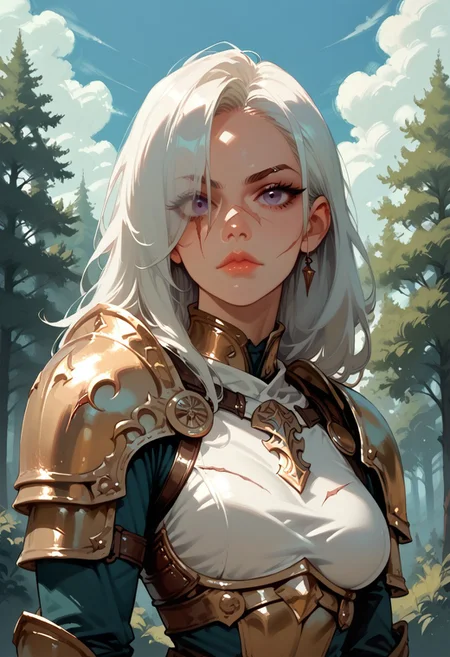 1girl, armor, scar, solo, scar on face, white hair, long hair, hair over one eye, looking at viewer, purple eyes eyes, outdoors, upper body, breastplate, medium breasts, shoulder armor, tree, makeup, lip gloss, day, scar across eye, sky, , cloud, , shoulder plates, pauldrons, breasts, nature, eyelashes, scar on nose, scar on cheek, closed mouth, forest, blue sky, one eye covered
, <lora:Ri-MIX_A_Illustriousv2-000009:1> rimixa,, looking at viewer,, , score_9, score_8_up, score_8_up,