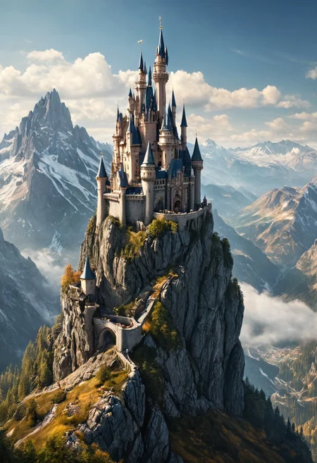 fairy tale castle on a (rock spire), mountain in background, best quality, masterpiece, illustration, realistic, photo-realistic, amazing, finely detail, incredibly absurdres, huge filesize, ultra-detailed, highres,