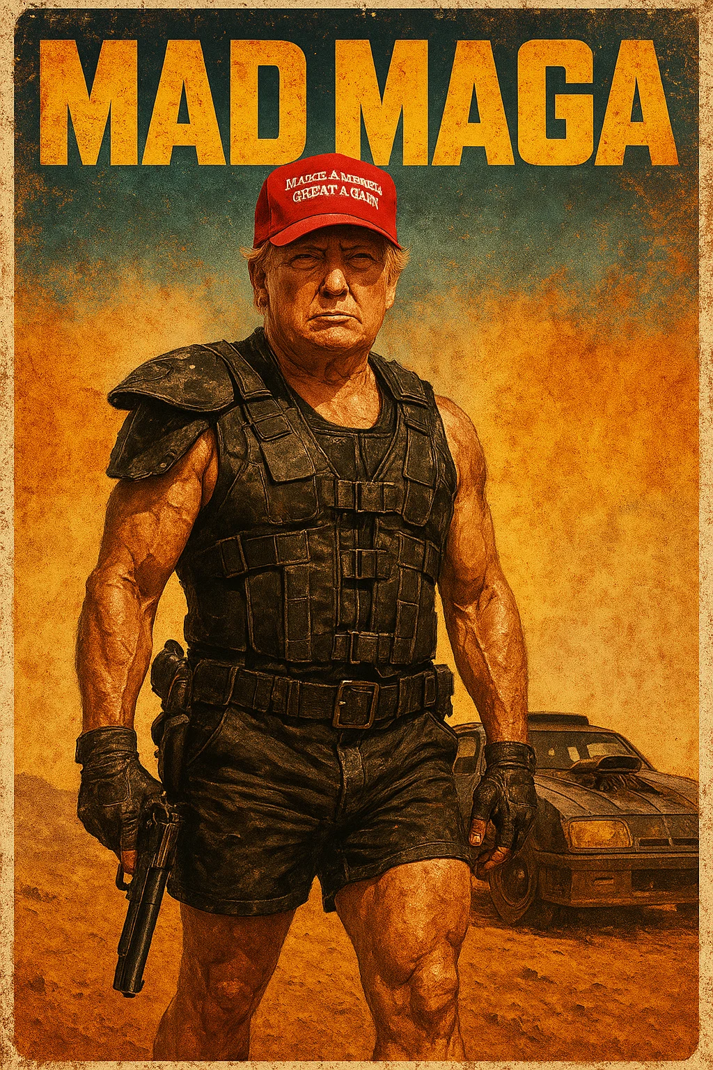 MAD MAX movie poster, tough looking Donald Trump with maga hat in lethal vest and lethal shorts, with gun, shabby car behind him stands aside, big text "MAD MAGA", yellow, orange and blue background, rusty effect on poster