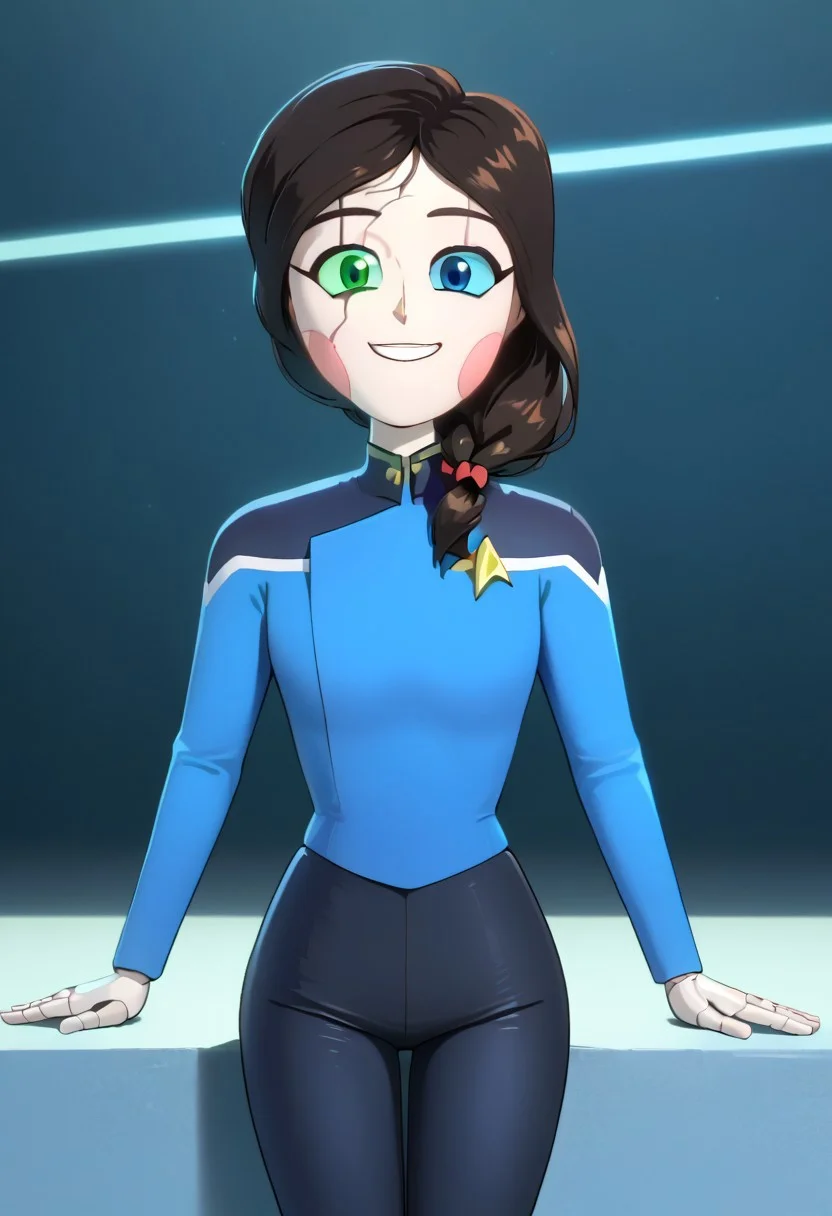 score_9, score_8_up, score_7_up, masterpiece, best quality, high quality, highres, absurdres, highly detailed BREAK looking at viewer, detailed background, source_cartoon, Luluthenandroid, crackscar, heterochromia, black hair, hair over shoulder, side braid, dead mom hair, robot, android, robot joints, joints, nancheeks, indoor bar background, smile, long sleeves, black pants, Expressiveh, sttldunf star trek black and blue uniform, black and blue shirt,