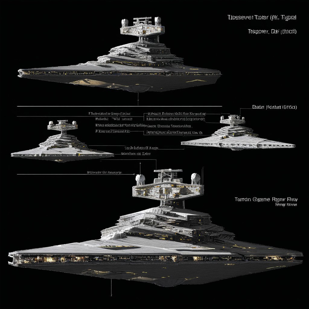 Star Destroyer, Imperial Star Destroyer, concept art, spacecraft, black background, very wide shot, starship, schematic, TIE Fighters, battleship