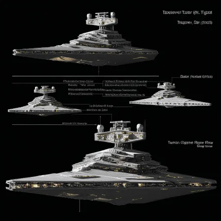 Star Destroyer, Imperial Star Destroyer, concept art, spacecraft, black background, very wide shot, starship, schematic, TIE Fighters, battleship