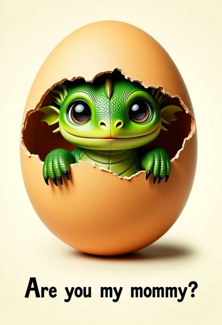 A zoomed-in image of an egg, cracked open at the top. A little adorable, sweet, green dragon with sharp teeth appears out of the egg. A large bit of egg shell is still on her head. She is looking straight at the viewer. She is looking very cheerful but also a little confused. At the bottom of the picture is a text that reads: "Are you my mommy?"