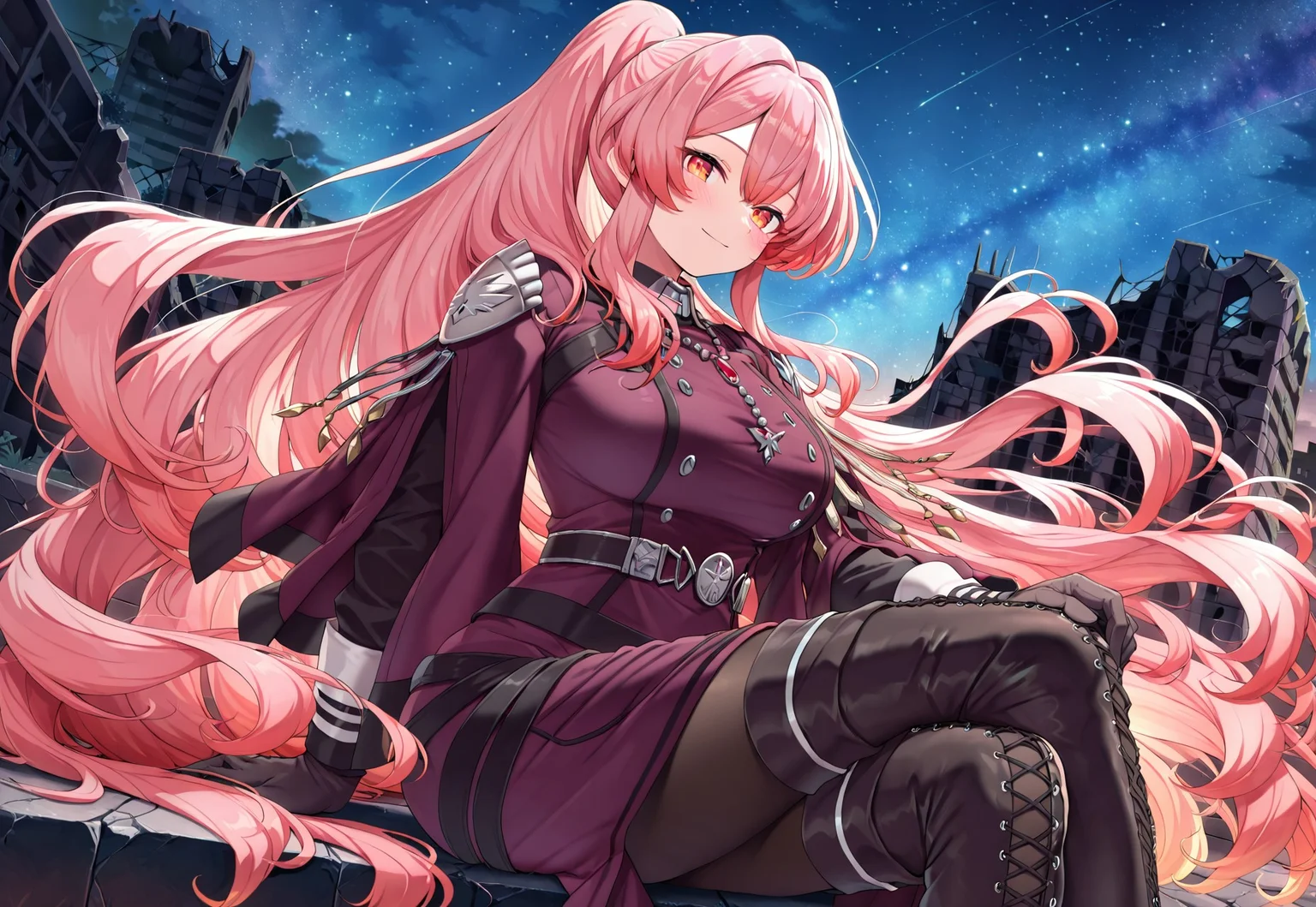 exosister martha, 3girl, sitting, smile, crossed legs, looking at viewer, night, starry sky, ((sky)), closed mouth, black cross-laced thigh boots, blush, large breasts, outdoors, black pantyhose, purple military dress uniform, purple capelet, black gloves, silver necklace, from side, ruins,
masterpiece,best quality,amazing quality,very aesthetic,absurdres,newest,<lora:Exosister Martha illusXL v1:0.7>,