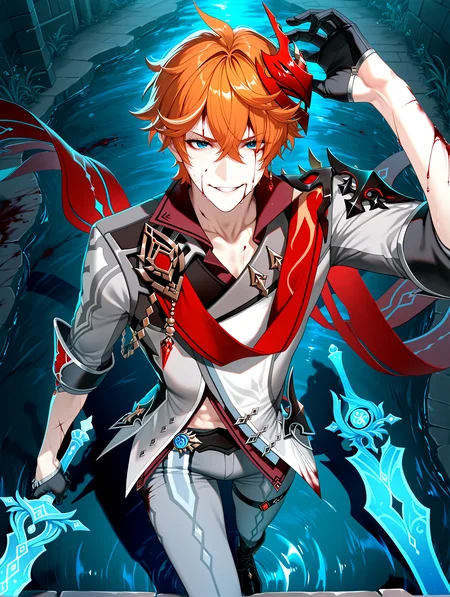 masterpiece, best quality, absurdres, amazing quality <lora:cfg_scale_boost:0.3> <lora:StS-Illustrious-Detail-Slider-v1.0:3> <lora:StS_Age_Slider_Illustrious_v1:3>,detailed_background,outdoors,jacket,male focus,floating earring,cuts,short hair,standing,v-shaped eyebrows,eksi \(kriixx\),half gloves,blood on clothes,belt,red mask,injury,arm up,bleeding,thigh strap,looking at viewer,cape,holding sword,crossed bangs,highres,black belt,water,liquid weapon,black footwear,holding,jewelry,blood from forehead,black gloves,weapon,vision \(genshin impact\),orange hair,collared shirt,long sleeves,single earring,ahoge,mask on head,absurdres,holding weapon,grey pants,sleeves rolled up,grey jacket,mask,parted lips,shirt,blood,solo,hair between eyes,blue eyes,blood on face,tartaglia \(genshin impact\),sword,smile,shadow,1boy,red shirt,sparkle,gloves,boots,earrings,pants,popped collar,red cape,genshin impact
