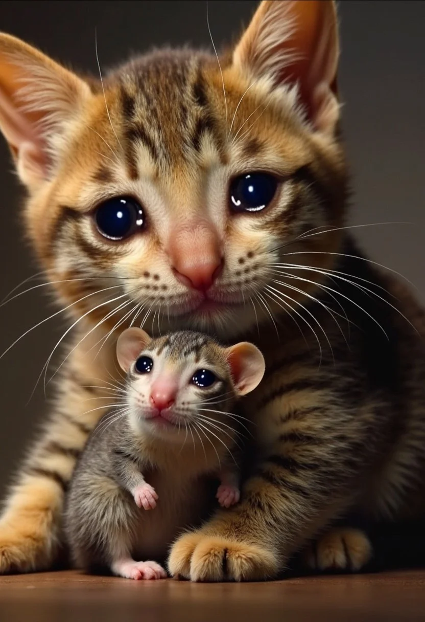 realistic photo of crying cat hugging crying mouse, shallow depth of field, incredibly detailed, hyperrealistic digital photo