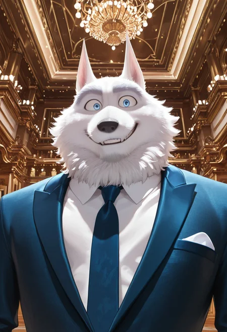 masterpiece, best quality, amazing quality, very aesthetic, absurdres, newest, high quality, detailed, male, solo male, JimmyCrystal, 1boy, mature male, male, athletic build, anthro, wolf, blue eyes, broad shoulders, white fur, grey eyebrows, animal ears, blue suit jacket, white shirt, blue tie, indoors, smiling, looking at viewer, suave, office, lavish interior, volumetric lighting, wealthy, opulent furniture, close up, bust shot