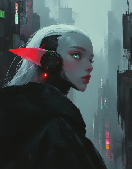 masterpiece, high quality, Oil Painting, Hyper-realistic, hyper-detailed wide-angled painting of an awkwardly beautiful tween elf girl who has a black and red robotic body. Her face is pale, almost translucent white. She has small pointed elf ears, bright glowing green eyes, and flowing white hair. Behind a large cyberpunk city full of fog, full of tall looming buildings and neon signs. She looks like a fashion model. Focus on the girl, shadow and light, Masterpiece, intricate lines, intriguing atmosphere, sharp magnificent details, delicate features, elaborate details, (2/3 rule composition:0.5), ultra detailed, romantic, Rembrandt lighting, brush stroke, lovely, del1cate_balance style, novuschroma, in the style of Rembrandt. FS, vantablack <lora:style_of_Rembrandt_FLUX_135:.8> <lora:- Flux1 - vanta_black_V2.0:.6> <lora:Delicate_Balance:.3> <lora:neeeg_f1:-1> <lora:113_novuschromaFLX_1:.3> <lora:Midjourney_Whisper_Minimal:.4> <lora:SCI_FACTOR_COREV2:.9>