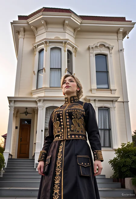 PonyScores7, dynamic action, looking up, from below, evening, anime, detailed, (1girl, 38yo, pale skin, wet blonde hair, large breasts, wearing a high-neck 1900_dr3ss, black dress and jacket, standing in the front yard, looking at viewer with a playful smile, jacket slightly open, soaked, drenched,:0.9) <lora:Belle_Epoque_Dresses_1880-1914_Pony:0.8> s BREAK building, house, real world location, v1ct0r14n, tree, 2story, bay windows, italianate, ornate, porch, white trim, white siding, palm tree, gold accents, 3houses, lamppost, in the rain, raining, cheerful. intricate details, beautifully shot, perfect composition, high contrast, cinematic, atmospheric, moody, <lora:Victorian_house_pony_v2:0.9> atmospheric, emotional, raw sensuality, dynamic light, warm_light, soft focus, depth of field, cinematic composition, architecture focus