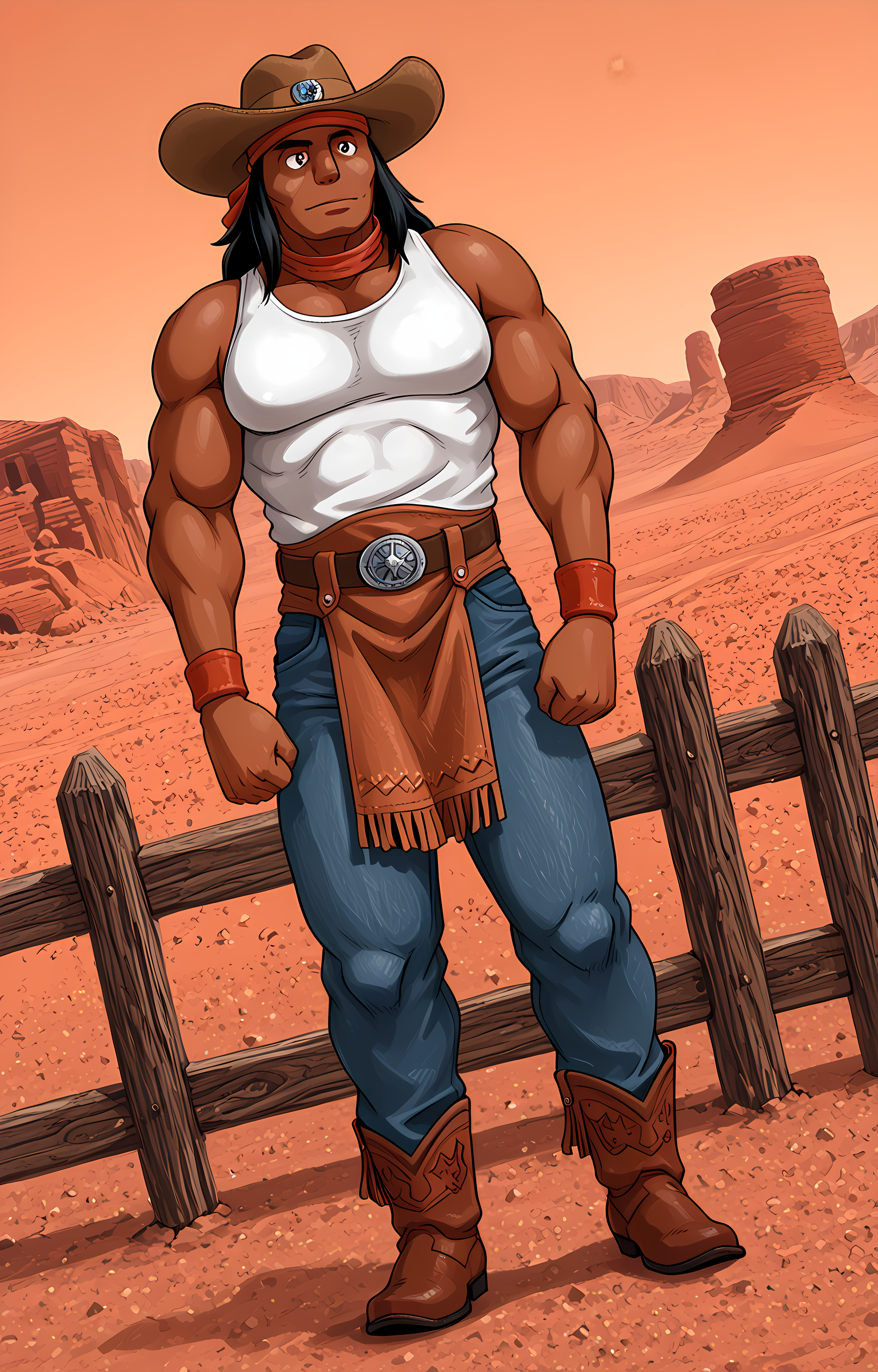 masterpiece, best quality, amazing quality, dutch angle, desert, new mexico, wooden fence, BREAK
1boy, solo, male focus, muscular male, sf_apachechief, dark skin, black hair, long hair, headband, collar, cowboy hat, ten gallon hat, white tank top, thin tank top, jeans, cowboy boots, cowboy pants, spurs, BREAK
<lora:Apache Chief - Superfriends - ILXL:1>,     <lora:Kumao_-_PDXL_Artist_Style:1> kumao_style <lora:Maldu_-_PDXL_Style_Lora:1> m@ldu <lora:Neyukidou__Takaku_Nozomu_-_PDXL_Artist_Style:1> n3yuk1d0u