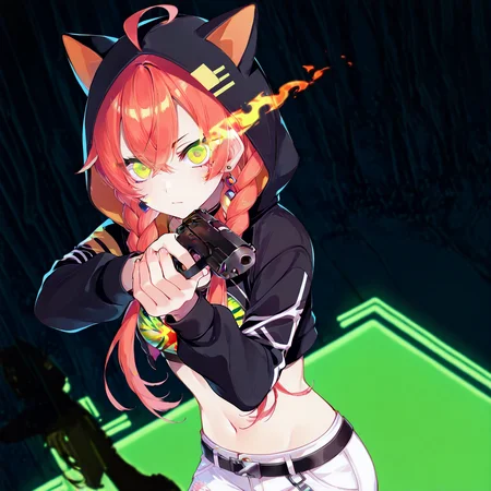 masterpiece,best quality,amazing quality,newest,absurdres,very aesthetic,detailed eyes,general BREAK dark background,simple back ground,(shadow on girl:1.3),(dark:1.5),night,1girl,solo,niji-akari, small breasts,(green eyes,glowing eyes:1.2),eye trail,green,flaming eyes,green,looking at viewer,long eyelashes,closed mouth,serious,red hair,pink hair,orange hair,long hair,twin braids,bangs,ahoge,hair over shoulder,earring,niji-akaricos1,hood up,cat ears hood,print crop top,sports bra,crop jacket,black jacket,long sleeves,stomach,midriff,navel,black belt,white pants,long pants,torn pants,holding handgun,handgun,aiming <lora:add-detail-xl:1.1> , <lora:niji-akari:1> , <lora:Center_Axis_RelockJohn_Wick_handgun_stance_-_Illustrious:1> , <lora:ç®ã®æ®åEye_Trail:1> , <lora:GunEnhancer:0.8> , <lora:LECO_GoodHands:-2> , <lora:LECO_BadHands:2>