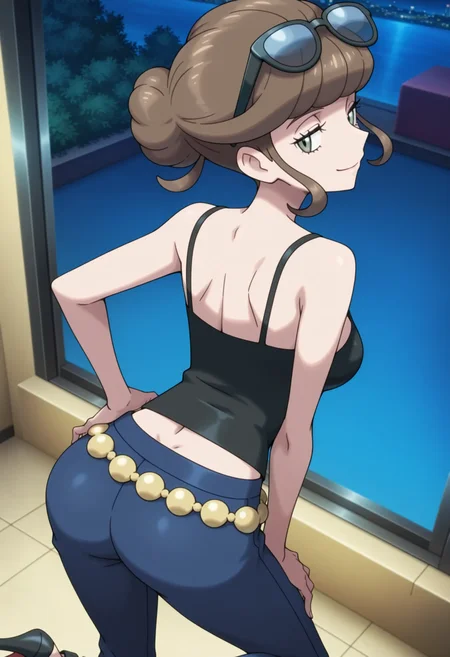 1girl,solo,masterpiece,best quality,anime screencap, anime coloring,pokemon xy,
<lora:BeautyXY_pokemon_v1_IL:0.5>,otonanooneesanXY,beauty (pokemon),brown hair,hair bun,bangs, blunt bangs,rimless eyewear, eyelashes,sunglasses,eyewear on head,breasts,bare shoulders,black camisole,blue pants,navel,gold bead belt,tall female,
closed mouth,standing,outdoors,night, indoors, leaning forward,from behind, from above, v arm,hand on own hip,high heels,looking back, smile, half-closed eyes,foot out of frame, hand on lap,