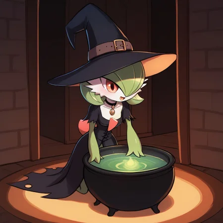score_9, score_8_up, score_7_up, score_6_up, score_5_up, score_4_up,
cartoon style, cartoony style,
luminekoStyle,
1 girl, gardevoir, green_hair, green_skin, hair_over_one_eye,
full body, witch clothes, , cottage, cauldron