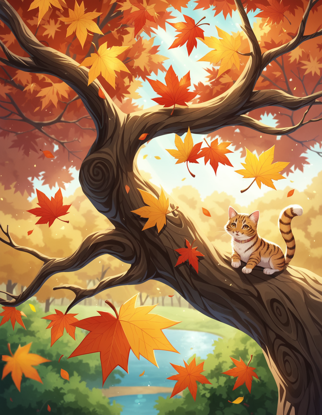 score_9, score_8_up, score_7_up, BREAK
((masterpiece)), ((best quality)), (anime screencap:1.5), adorable cat perched on a tree branch, large and expressive eyes, detailed fluffy fur with autumn leaves gently resting on it, vibrant autumn background with orange and yellow leaves falling, sunlight filtering through the trees creating a warm glow, detailed bark and leaves, playful and joyful expression, intricate and lush autumn foliage, 2d anime style, depth of field, volumetric lighting, high dynamic range, sense of wonder and playfulness, extremely detailed background with layers of autumn leaves, branches, and sunlight, realistic textures and lighting, magical and enchanting atmosphere