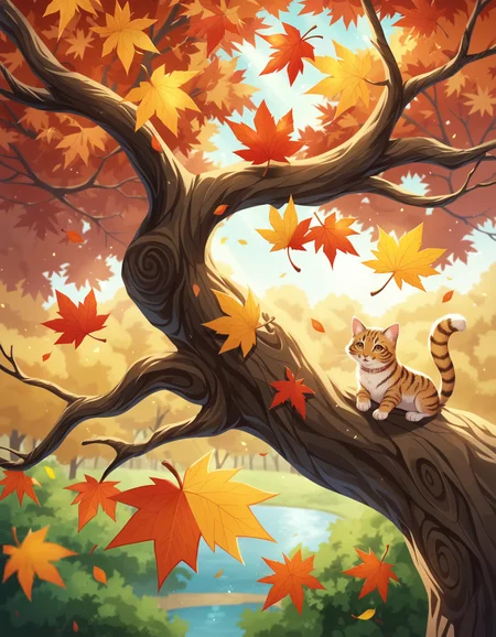 score_9, score_8_up, score_7_up, BREAK
((masterpiece)), ((best quality)), (anime screencap:1.5), adorable cat perched on a tree branch, large and expressive eyes, detailed fluffy fur with autumn leaves gently resting on it, vibrant autumn background with orange and yellow leaves falling, sunlight filtering through the trees creating a warm glow, detailed bark and leaves, playful and joyful expression, intricate and lush autumn foliage, 2d anime style, depth of field, volumetric lighting, high dynamic range, sense of wonder and playfulness, extremely detailed background with layers of autumn leaves, branches, and sunlight, realistic textures and lighting, magical and enchanting atmosphere