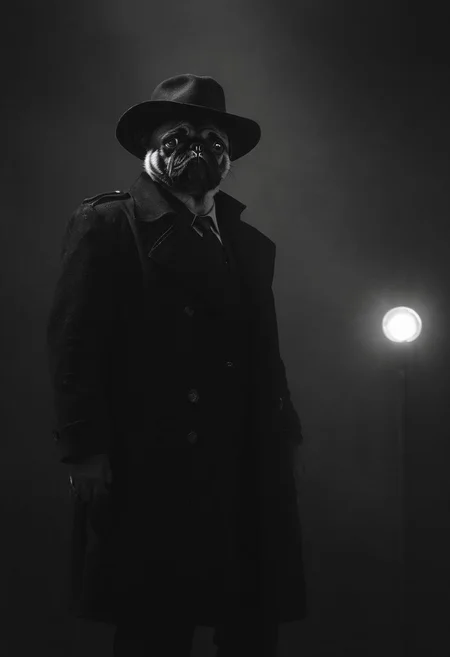 (anthropomorphic pug: 1.49) noir detective in Los Angeles,, Volumetric lighting, concept art, sharp focus, digital art <lora:xl_more_art-full_v1:0.8> <lora:Into_Darkness:0.8>, fedora, smokey, trench coat, revolver held at ready