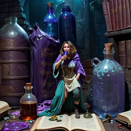 ((dirty)), highly detailed person, (shrunken:1.2,tiny:1.2) 30 year old woman, (very loose oversized baggy clothes), fantasy adventures party, broken cloth, dungeon, close-up, [tiny woman drinking giant potion bottle], next to magical book, next to potions bottle, UHD 8k wallpaper, <lora:shrunk_xl_v11:1.1>