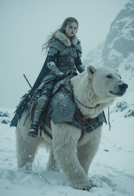 A beautiful young, slender Slavic female polar bear rider sits astride a massive armored polar bear, traveling through a vast, snowy wasteland in a fantasy setting. Her long hair is a striking blend of deep black at the roots that fades seamlessly into a ghostly pale grey at the ends, flowing around her face and over her shoulders like strands of frost. Her pale blue eyes are large and almond-shaped, reflecting the icy surroundings with an intense, almost piercing gaze. Flecks of silver sparkle within her irises, adding depth to her focused, enigmatic expression. Her high, defined cheekbones frame her delicate face, giving her a sculpted and ethereal appearance, while her smooth, fair skin bears a soft flush from the biting cold. Her straight, refined nose and thin, slightly parted lipsânaturally tinted a soft, frost-kissed pinkâreveal her resilience against the harsh elements. She is dressed in a form-fitting, winter-ready outfit of dark leather armor and layered fur accents, designed for both warmth and freedom of movement. The armor wraps snugly around her slender frame, emphasizing her flat chest and adding to her lithe, graceful form. Over her shoulders and around her neck drapes a thick, snow-white fur mantle, blending seamlessly with the icy environment, while her gloved hands grip the reins of her massive steed. The polar bear she rides is a colossal, awe-inspiring creature, covered in plates of shining, silver-grey armor that hug its muscular frame. Each piece of armor is engraved with intricate Slavic-inspired designs, reflecting both strength and elegance. The bearâs broad, powerful shoulders and massive paws press into the snow, leaving deep tracks behind, and its head is adorned with a reinforced helm, adding to its imposing presence. Its thick white fur pokes out from between the armor plates, covered with a light dusting of frost and snow, blending the creature into the icy wasteland. Around them stretches a barren, wintry landscapeâa frozen wasteland blanketed in endless snow. Jagged, frost-covered rocks and skeletal trees dot the terrain, and a heavy mist swirls low to the ground, casting a mystical haze. Snow falls gently from an overcast sky, and the cold, diffused light creates soft shadows around them. In the distance, faint outlines of snow-covered mountains rise against the sky, adding to the desolate yet beautiful atmosphere of this fantasy world. This moment captures the strength and grace of the rider and her powerful polar bear companion, highlighting their connection and resilience against the unforgiving winter landscape. Midjourney_Whisper, <lora:FLUX - NEOSTF - Styles for FLUX:0.6> <lora:FLUX - Realism:0.8> <lora:FLUX - Midjourney Whisper - Female Portraits ( Midjourney_Whisper ):0.7>