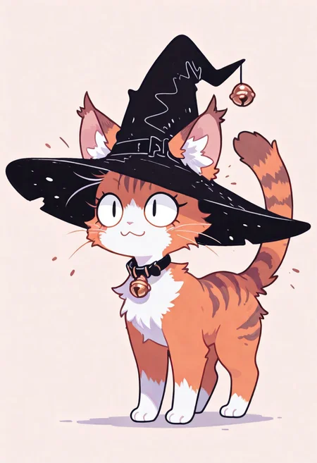 no human , cute , animal , ((solo)), :3 , <|> <|>, witch hat ,cat , full body , cat bell collar , multicolor fur , white fur , orange fur , ear tufts ,
masterpiece ,best quality ,amazing quality, Flatline, Flat vector illustration, rapscallionstyle ,