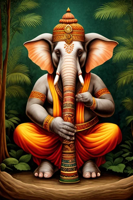an elephant playing an aboriginal didgeridoo, ganesha, comedy, social comment, satire, satirical, pop culture, <lora:didgeredoo:0.8>