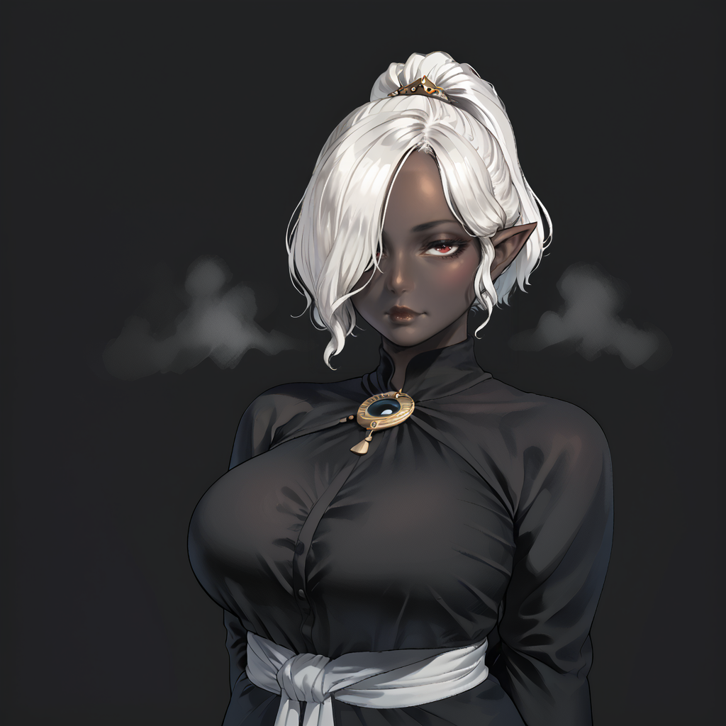 score_9, score_8_up, score_7, score_6, score_5, Score_4, rating_safe,
1girl, solo, female, (dark elf),drow, mature female, motherly, mommy,
((((black skin)))), (Midnight skin), ((dark skin)), (skindentation),
(very short hair), ((sidelocks)), ((ponytail)), (white hair), (((hair over one eye))), ((blunt bangs)), red eyes,
seductive eyes, braided hair, (long ears), (elf ears),
thick lips,closed mouth, prideful aroused, horny, ((tired)), (bags under eyes), smug,
((massive breasts)),
robes,
standing, default pose,
blank background, empty background,
arms behind back,
((headshot)), (portrait), (In the style of Leonardo da Vinci), (looking at viewer), (thick lines),
<lora:style_nijiserenepastel:0.3> style,<lora:ratatatat74_mr.skulls_MY_HERO_HAREM_Doujin_Artstyle_PonyXL:0.5>
<lora:ntl_pdxl:0.5> ntl_style <lora:Drow_Female_-_Sinue:0.5> <lora:ayami_kojima_castlevania_pony:0.4> kojima ayami, official art, concept art, illustration <lora:KrekkovLycoXL:0.7> steaming body,