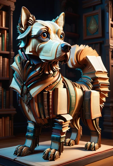 hyper detailed masterpiece, dynamic, awesome quality, DonMB00ksXL big luminous irregular whimsical asymmetrical organism, legless armless, plantigrade appendages, quadrifurcated-tailed, long-tailed, smooth skin, dog ears, , made of books <lora:DonMB00ksXL-000008:1>
