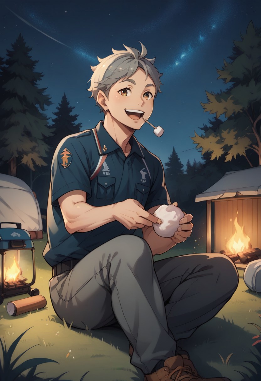 score_9, score_8_up, score_7_up, source_anime, rating_safe, night, marshmallow on mouth, tall grass, Kosaikyu, grey hair, 1boy, male focus, boy scout uniform, open mouth, eating, looking away, smile, blurry outdoor camp, camp fire, tree, night sky, sitting, indian style, looking at viewer, hands with five fingers, cute wallpaper,