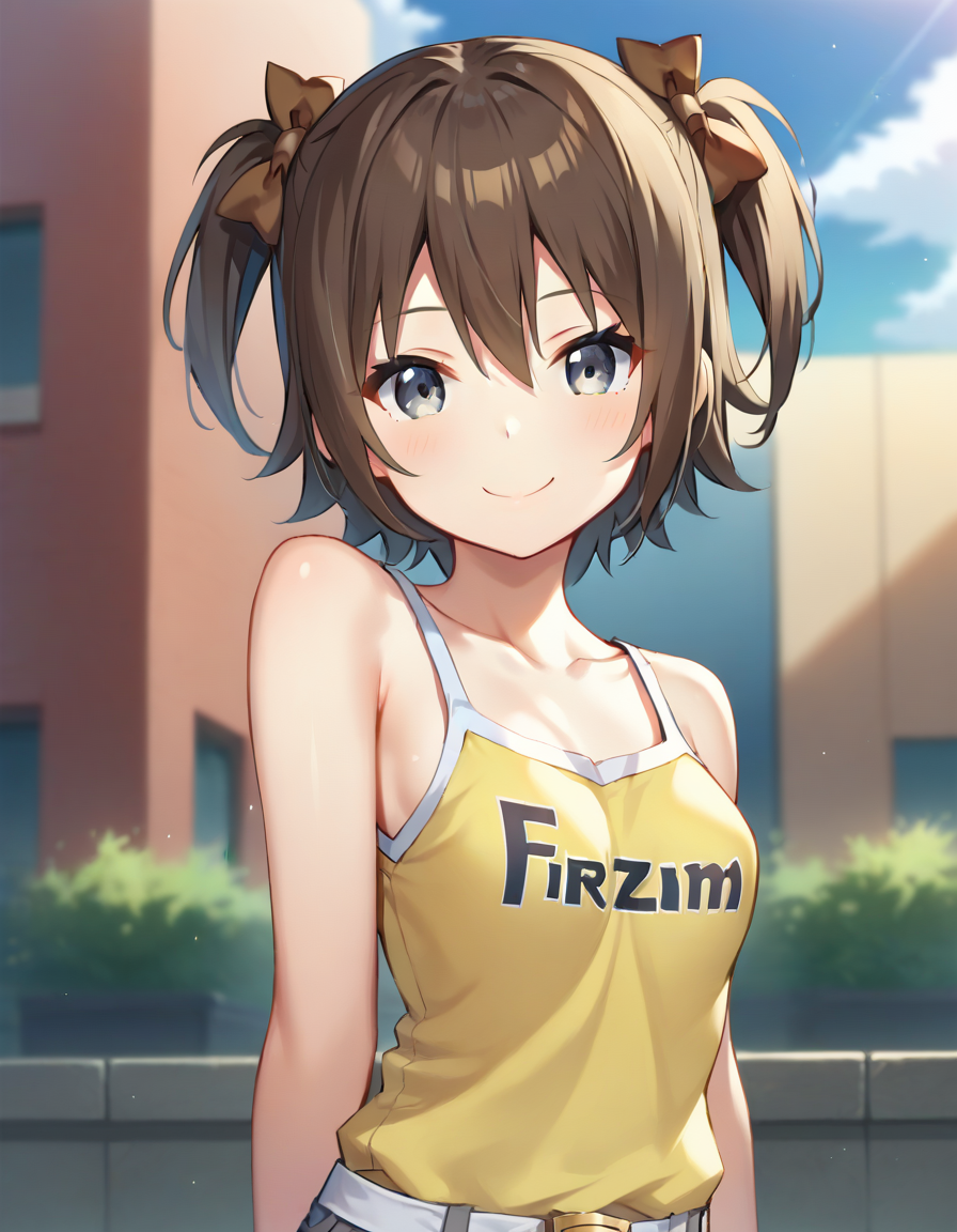 score_9,score_8_up,score_7_up,score_6_up BREAK official art,solo,outdoors,upper body,(portrait:1.5),looking at viewer,facing viewer,smile,Sky,brown hair,short hair,two side up,hair bow,brown bow,hair between eyes,grey eyes,collarbone,bare shoulders,tank top,yellow camisole,clothes writing,small breasts,white belt,grey shorts,short shorts,denim shorts,shorts rolled up,thighs,zettai ryouiki,black thighhighs,loafers,<lora:Sky(Sky-Freedom)-Pony:1.4>,<lora:Smooth Anime Style LoRA XL:0.8>,