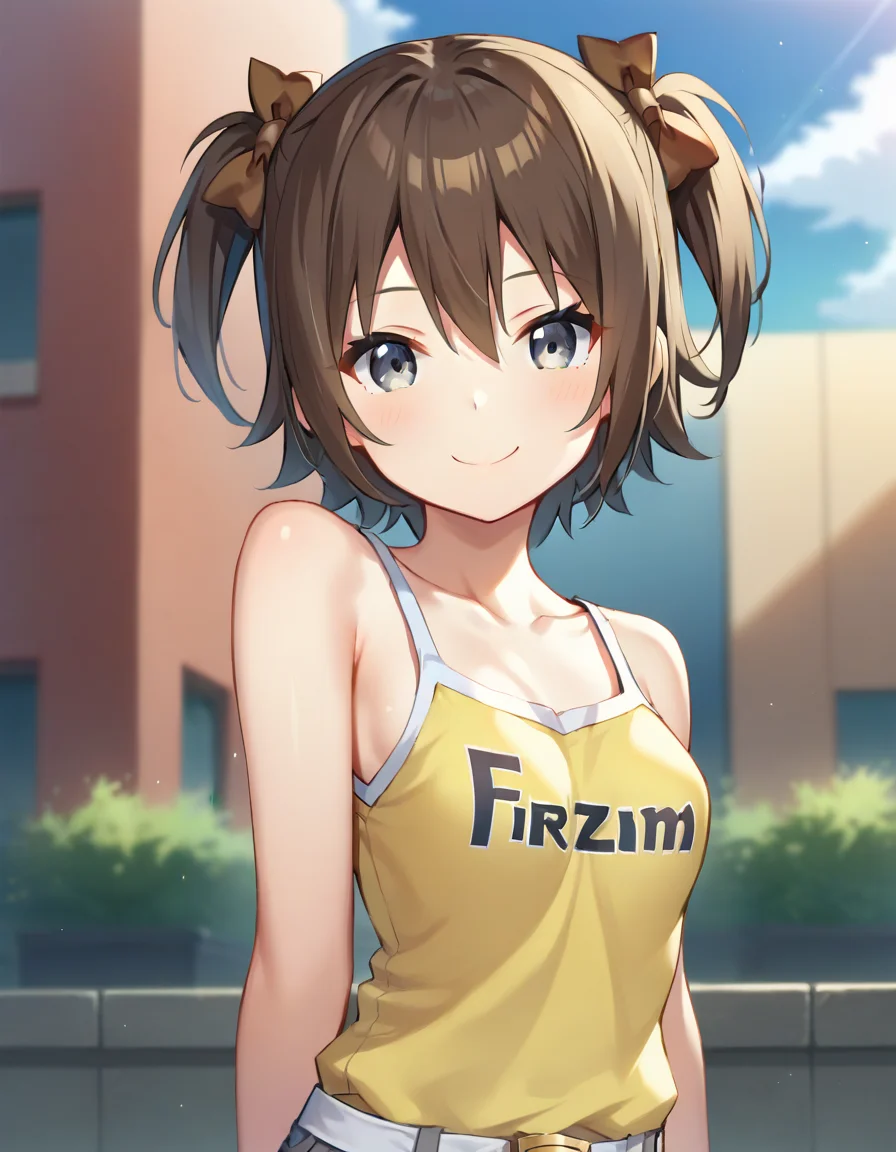 score_9,score_8_up,score_7_up,score_6_up BREAK official art,solo,outdoors,upper body,(portrait:1.5),looking at viewer,facing viewer,smile,Sky,brown hair,short hair,two side up,hair bow,brown bow,hair between eyes,grey eyes,collarbone,bare shoulders,tank top,yellow camisole,clothes writing,small breasts,white belt,grey shorts,short shorts,denim shorts,shorts rolled up,thighs,zettai ryouiki,black thighhighs,loafers,<lora:Sky(Sky-Freedom)-Pony:1.4>,<lora:Smooth Anime Style LoRA XL:0.8>,