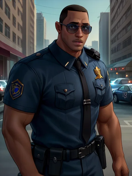 portrait of Jefferson_m man, dark skinned male, bara, muscular, police officer, sunglasses, facial hair, bara, black skin, <lora:Jefferson_Morales_Spiderverse:.7> dark skin, city background,
