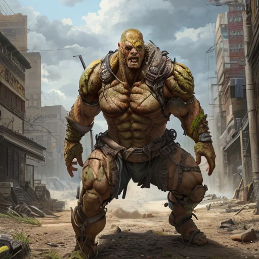proportional eyes, detailed face, detailed eyes, (realistic:1.5),photorealistic, hyper realistic, extremely detailed, hyper detailed, soft lighting, detailed background, extreme detail background, sharp details, ((full body)), supermutant, <lora:supermutant-000004:1>