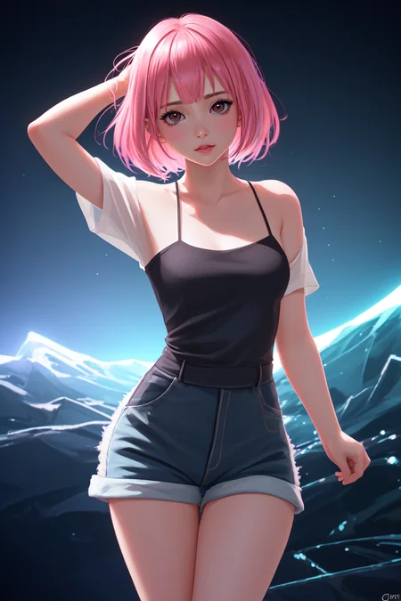 1girl, close-up, ilya kuvshinov illustration of a cute young girl with pink hair and bangs in her hair wearing a yellow low cut blouse and blue short shorts, by makoto shinkai, ilya kuvshinov, james gilleard, atey ghailan, lois van baarle, rossdraws, basquiat, sam yang. trending on artstation, pixiv, digital art, anime masterpiece, dynamic lighting, beautiful aesthetic, 4k, award winning, hd, <lora:Mild detail adjusterV10:0.2>, (masterpiece, best quality, absurdres, detailed, ultra-detailed:1.3), <lora:lcm-lora-sdv1-5:0.7>