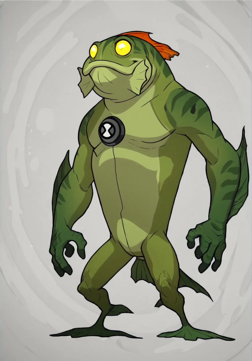 score_9, score_8_up, score_7_up, screencap, <lora:ben10-03:1> ben10, solo, no humans, full body, bodysuit, badge,detailed background, fish with legs, angler fish, anthro, green skin,
