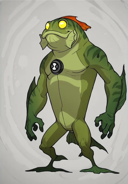 score_9, score_8_up, score_7_up, screencap,   <lora:ben10-03:1> ben10, solo, no humans, full body, bodysuit, badge,detailed background, fish with legs, angler fish, anthro, green skin,