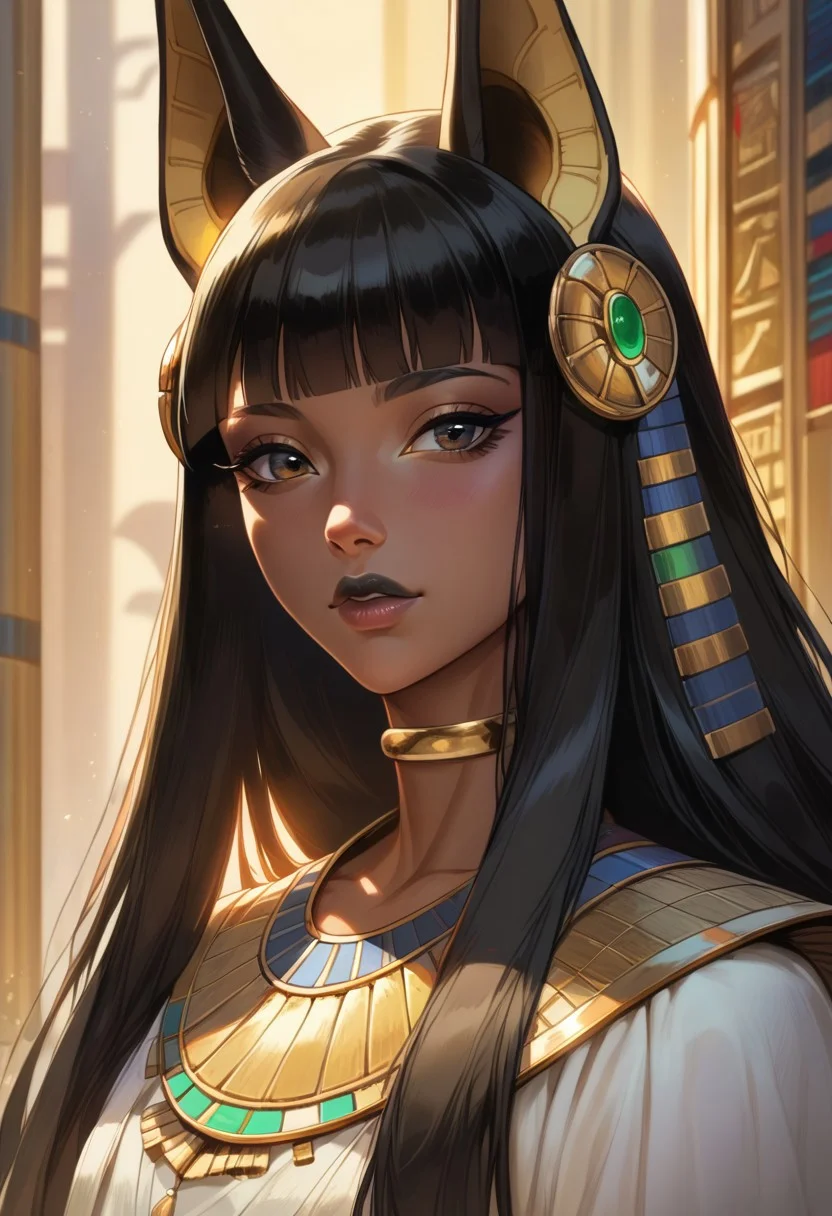 (32k, ultrasharp, masterpiece:1.4), (high detailed fur:1.1), (high quality:1.1), (ultra high res:1.4), (beautiful lighting:1.2, cinematic lighting), score_9, score_8_up, score_7_up, (close up), (front view), looking at viewer, ((beautiful anubis human femboy)), ((black lips)), ((playful expression)), (dark skin), (gold inner ears, long hair), (black hair), (thin gold choker)