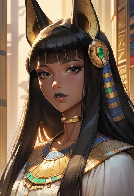 (32k, ultrasharp, masterpiece:1.4), (high detailed fur:1.1), (high quality:1.1), (ultra high res:1.4), (beautiful lighting:1.2, cinematic lighting), score_9, score_8_up, score_7_up, (close up), (front view), looking at viewer, ((beautiful anubis human femboy)), ((black lips)), ((playful expression)), (dark skin), (gold inner ears, long hair), (black hair), (thin gold choker)