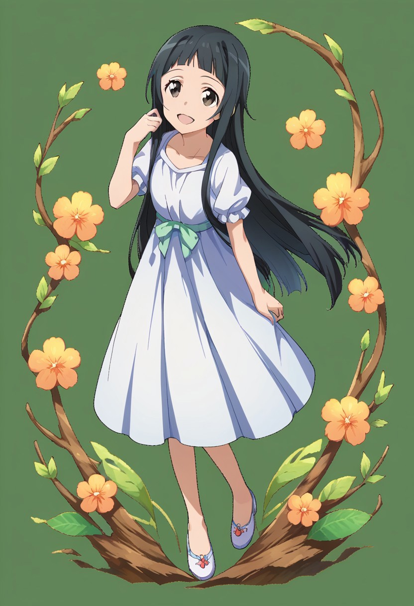 score_9, score_8_up, score_7_up, source_anime, yui (sao), 1girl, solo, looking at viewer, smile, open mouth, collarbone, anime coloring, full body, closed mouth, dress