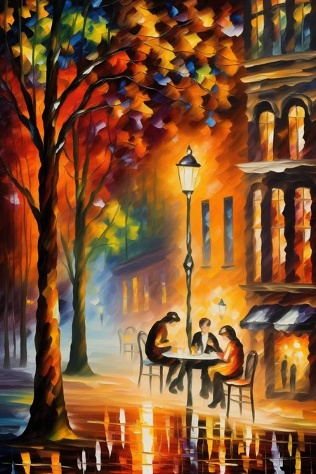 <lora:Leonid Afremov Style:1>Leonid Afremov Style - A cozy cafe scene with people enjoying their evening, illuminated by warm, inviting colors in the manner of Leonid Afremov.