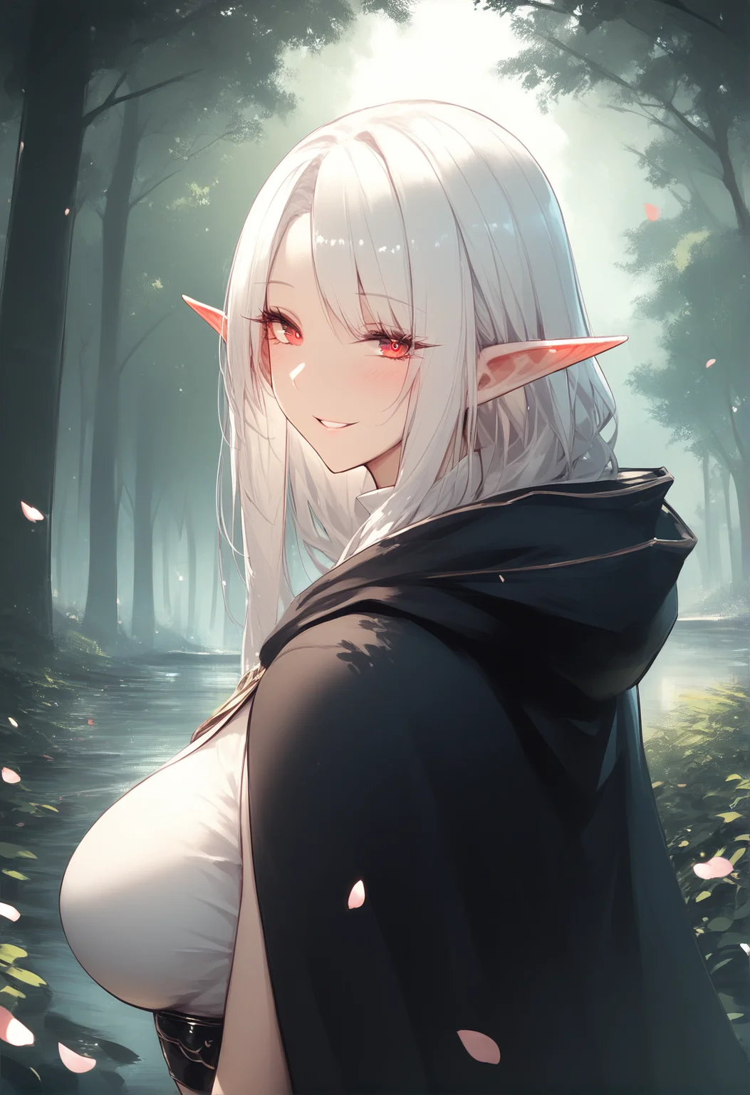 score_9, score_8_up, score_7_up, score_6_up, source_anime, <lora:RLI 0.2v:1>, RLI,
1girl, pointy ears, solo, red eyes, smile, elf, looking at viewer, white hair, petals, long hair, upper body, outdoors, cloak, forest, hood, blush, nature, hooded cloak, cape, shirt, hood down, parted lips, looking back, day, bangs, large breasts,