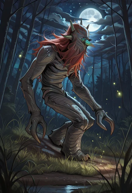 masterpiece,best quality,amazing quality,very aesthetic,absurdres,newest, huge filesize, absurd res,
pascaH, no face, monster, grey skin, wrinkly body, horns, full body, side view, claws, forest, nighttime, stars, moon, trees, clouds, grass, fireflies, beautiful, glowing, scenery, spooky, woman with green eyes and red hair caught by creature,
