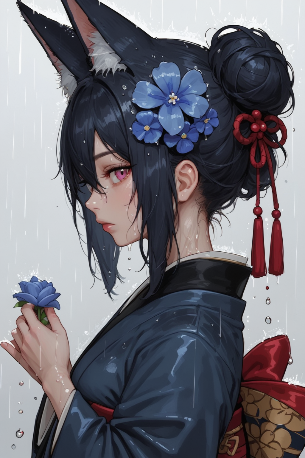 1girl, animal ears, solo, japanese clothes, hair ornament, fox ears, kimono, pink eyes, flower, profile, hair flower, blue hair, from side, looking at viewer, single hair bun, upper body, water drop, hair bun, , rain, animal ear fluff, holding, closed mouth, simple background, hair between eyes, blue kimono, expressionless, sidelocks, , portrait, hydrangea, raining, sideways glance