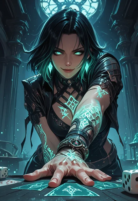 (masterpiece), (best quality), ultra-detailed, 8k, 1girl, dramatic foreshortening, angle from table height, low upward view, waist-up view, intense glowing eyes, confident smirk, throwing large glowing dice toward the viewer, dice extremely close to foreground, exaggerated perspective, glowing tattoos on arm and neck, windblown hair, floating playing cards behind her, glowing runes in the air, fantasy casino setting, glowing arcane symbols on dice, dark leather outfit with magical embroidery, glowing earrings, glowing particles around hand and dice, moody cinematic lighting,