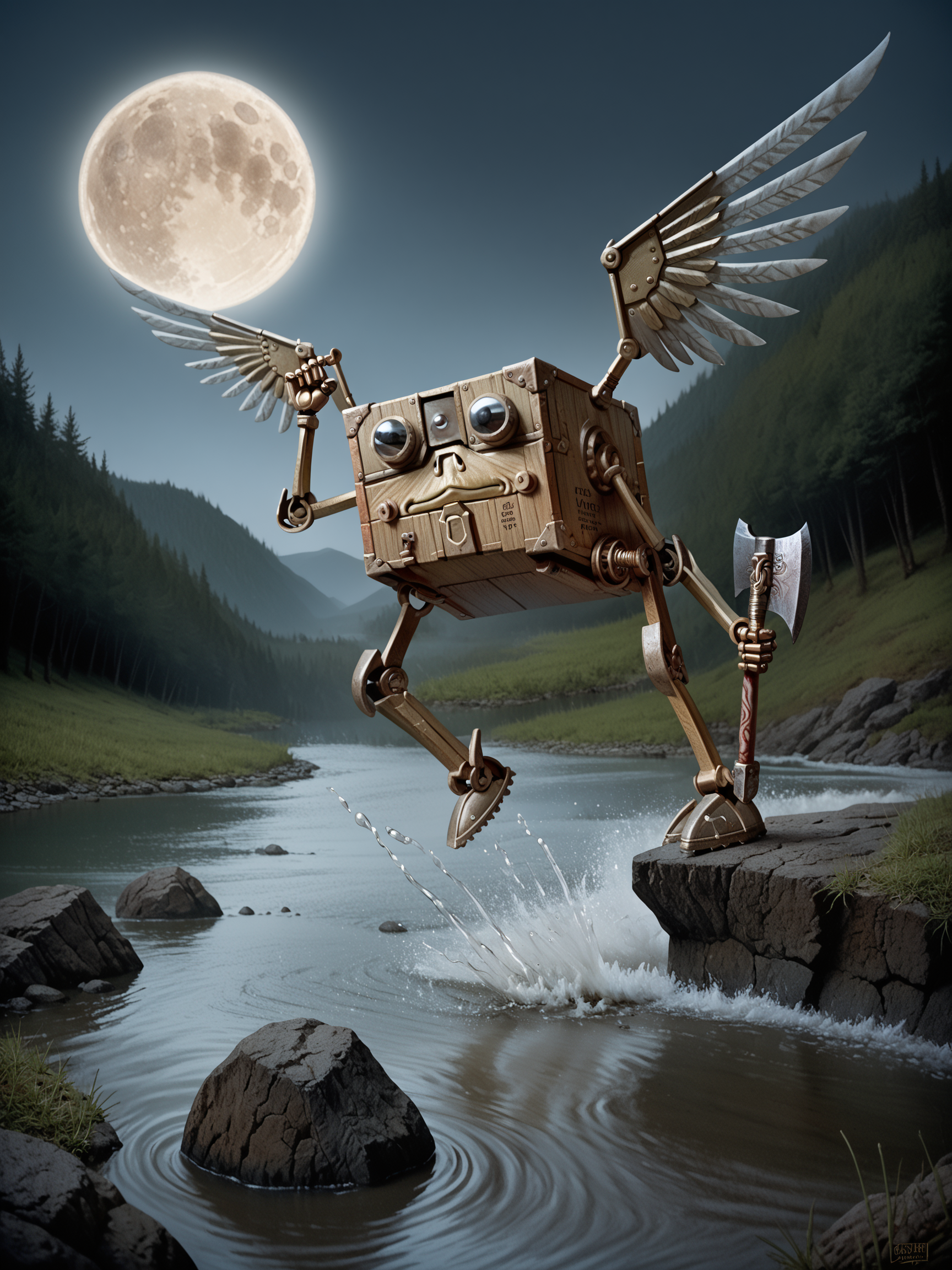 score_9, score_8_up, score_7_up, score_6_up, score_5_up, score_4_up,solo,modrone robot,cubic shape,2 arms,2legs,wings,action,dungeons and dragons,axe,jump,river,creek,moon,rocks<lora:ModronPonyV1>
